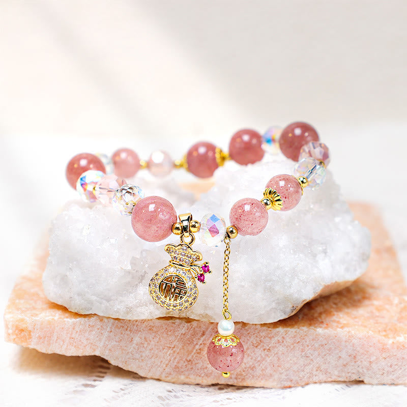 Karma Stone Natural Strawberry Quartz Crystal Money Bag Charm Positive Bracelet