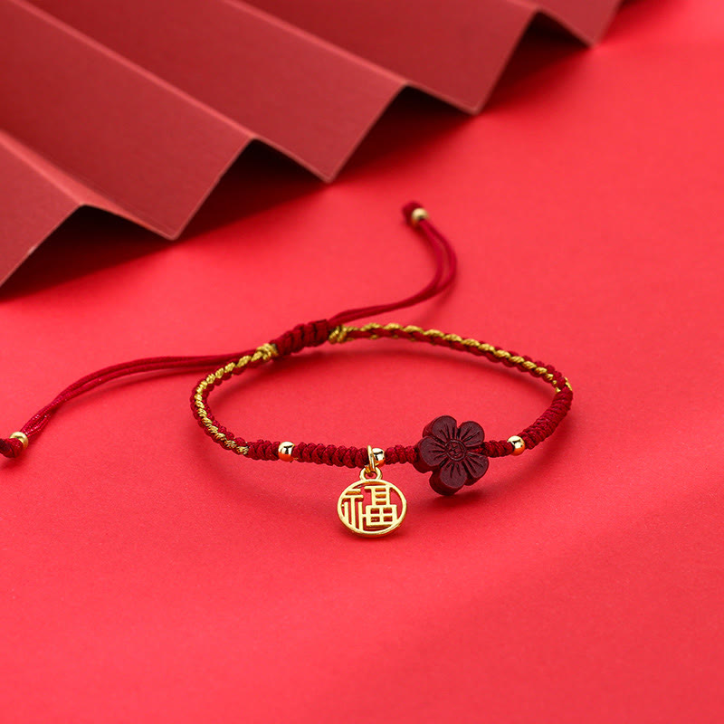 Karma Stone Cinnabar Flower Fu Character Blessing Braided String Bracelet