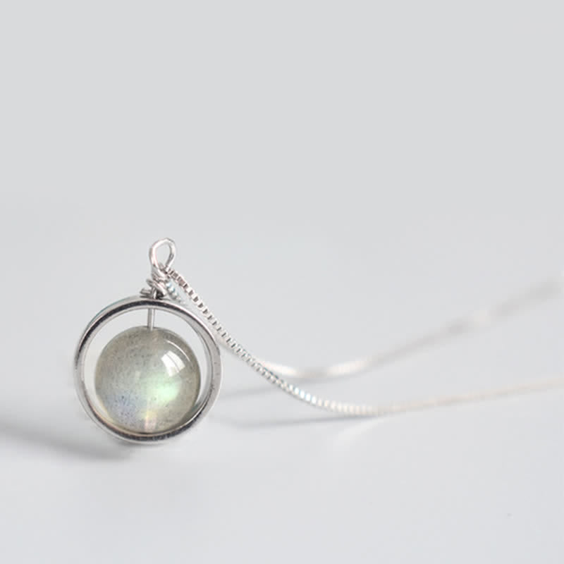 Karma Stone 925 Sterling Silver Moonstone Love Planet Rotatable Pattern Necklace Pendant