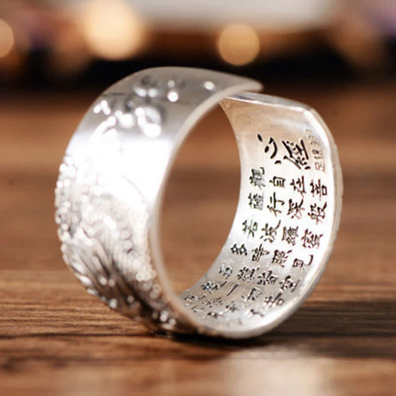 Karma Stone 999 Sterling Silver Dragon Carved Pattern Protection Success Ring