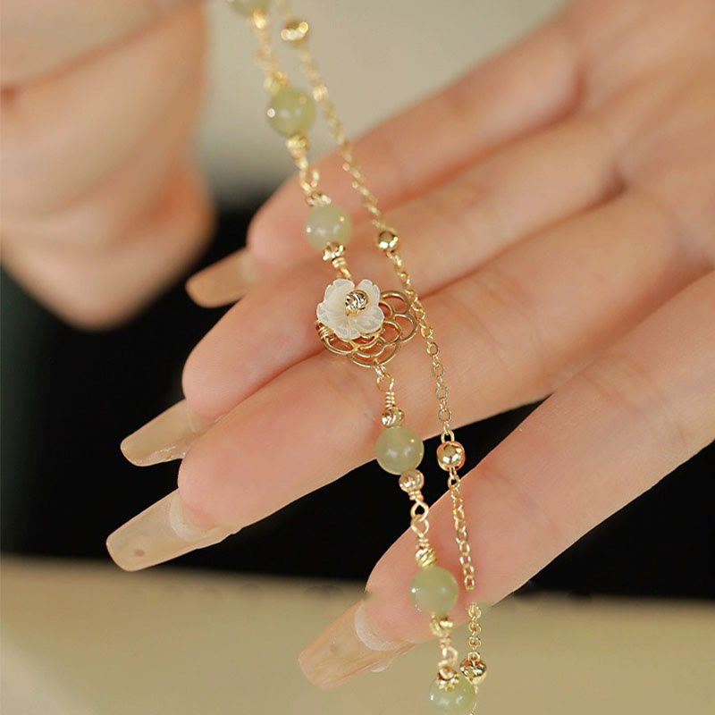 Karma Stone 14K Gold Plated Jade Butterfly Tridacna Stone Flower Double Layer Luck Bracelet