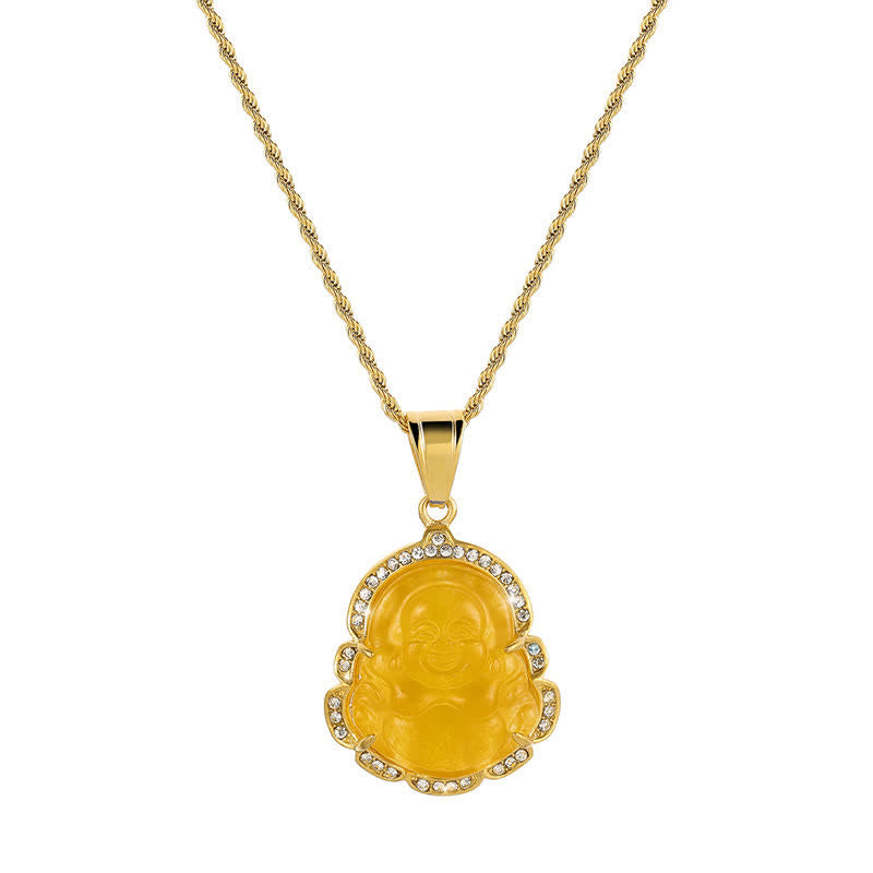 Karma Stone 18K Gold Filled Laughing Buddha Jade Luck Necklace Chain Pendant