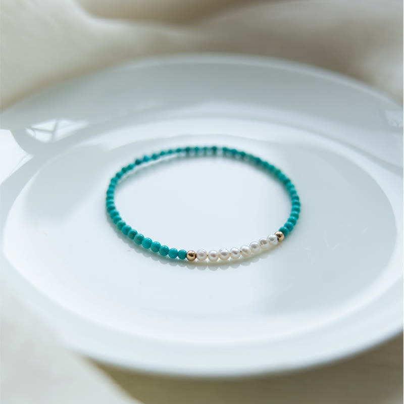 Karma Stone 925 Sterling Silver Natural Turquoise Pearl Beaded Bracelet