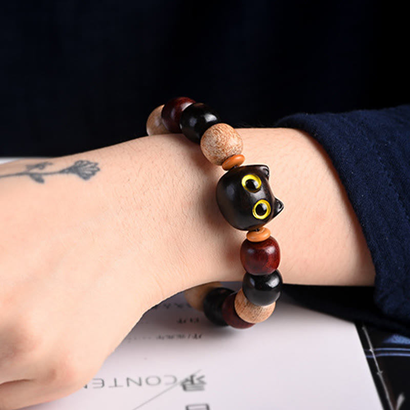 Karma Stone Small Leaf Red Sandalwood Ebony Wood Cute Cat Engraved Protection Bracelet