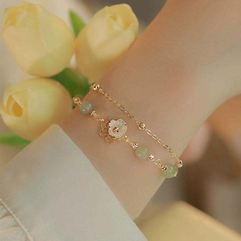 Karma Stone 14K Gold Plated Jade Butterfly Tridacna Stone Flower Double Layer Luck Bracelet