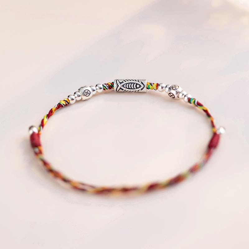 Karma Stone 925 Sterling Silver Luck Koi Fish Braided Colorful String Bracelet Anklet