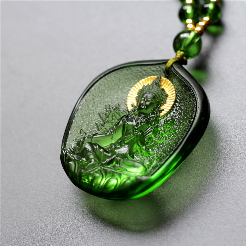 Karma Stone Tibetan Green Tara Buddha Gold Plated Liuli Crystal Protection Necklace Pendant