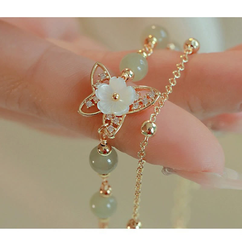 Karma Stone 14K Gold Plated Jade Butterfly Tridacna Stone Flower Double Layer Luck Bracelet