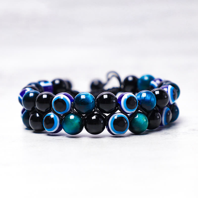 Karma Stone Evil Eye Hematite Tiger Eye Protection Beaded Bracelet