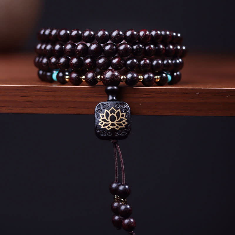 Karma Stone 108 Mala Beads Tibetan Small Leaf Red Sandalwood Lotus Balance Bracelet