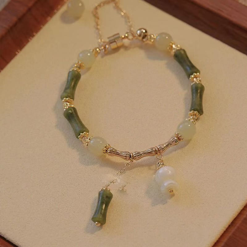 Karma Stone Jade Bamboo Leaf Lily Of The Valley Pattern Luck Abundance Bracelet