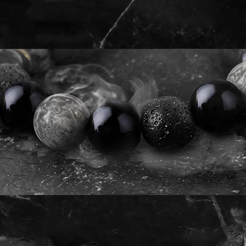 Karma Stone Black Obsidian Lava Rock Stone Yin Yang Strength Bracelet