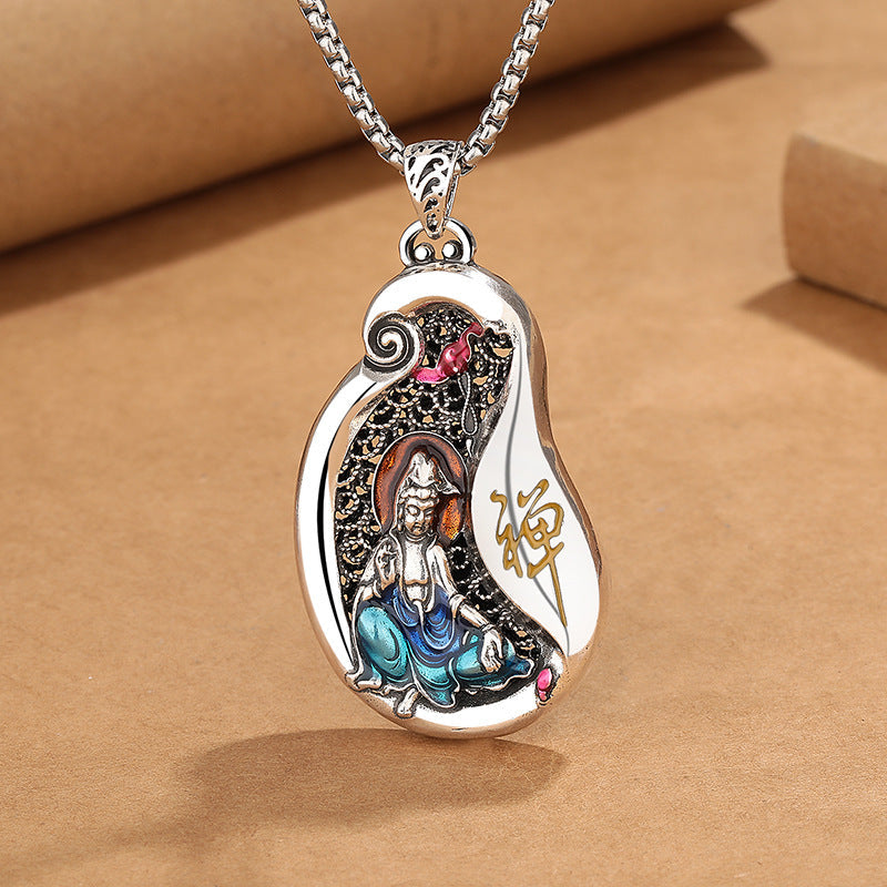 Karma Stone Avalokitesvara Lotus Design Copper Wealth Necklace Pendant