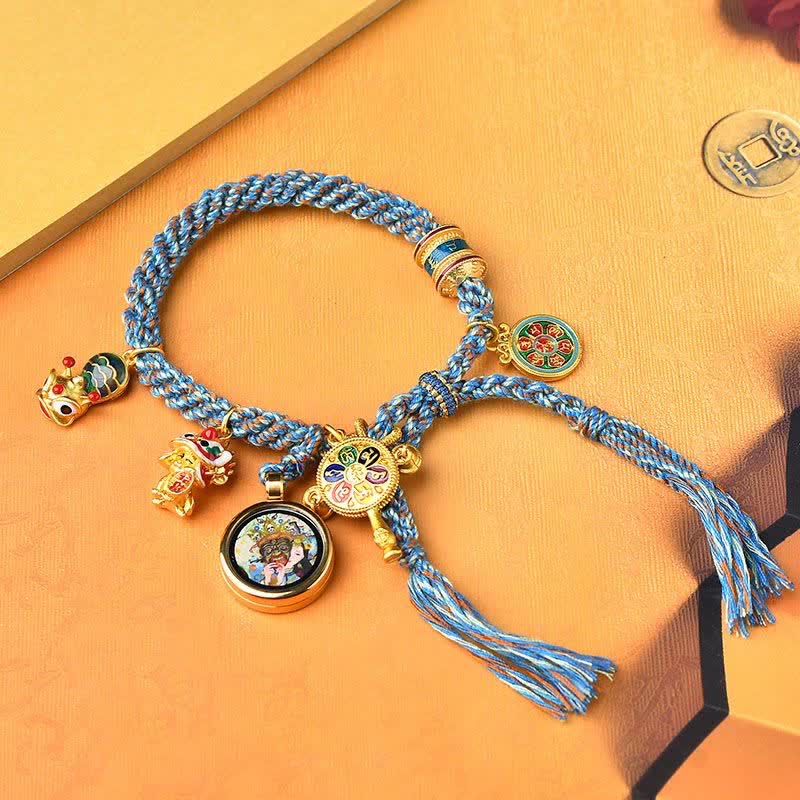 Karma Stone Tibetan Zakiram Goddess of Wealth Thangka Luck Prayer Wheel Braid String Bracelet