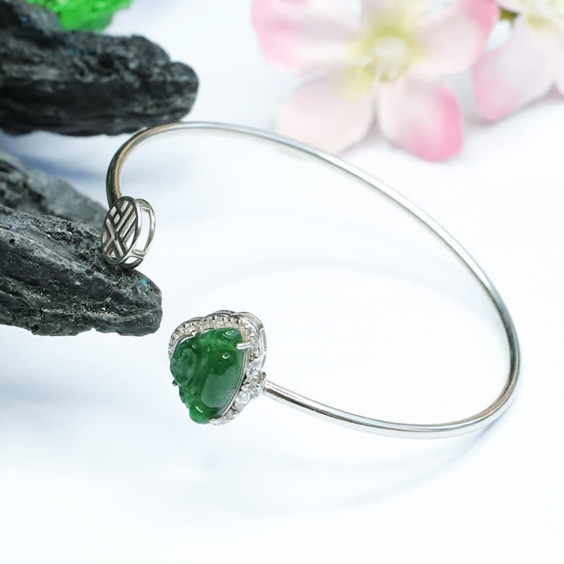 Karma Stone 925 Sterling Silver Laughing Buddha Jade Luck Bracelet Bangle