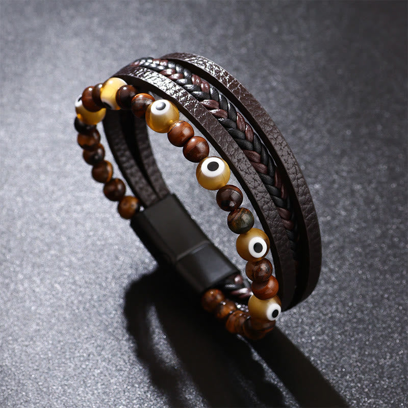 Karma Stone Evil Eye Tiger Eye Protection Beaded Multilayered Braided Bracelet
