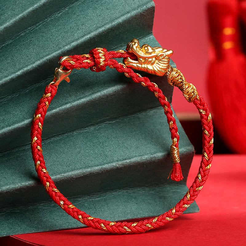 Karma Stone 999 Sterling Silver Handcrafted Dragon Luck Eight Thread Knot Red String Braided Bracelet