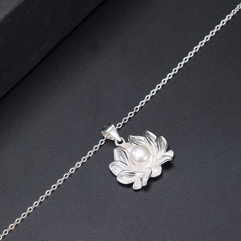 Karma Stone 925 Sterling Silver Lotus Flower Pearl Wealth Necklace Pendant