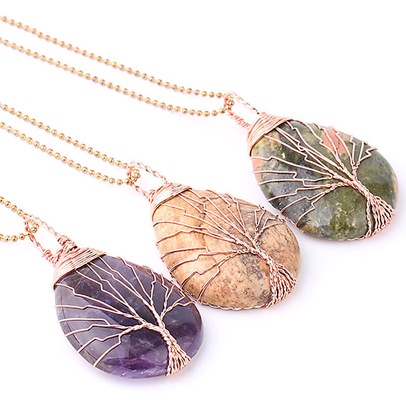 Karma Stone Natural Quartz Crystal Tree Of Life Healing Energy Necklace Pendant