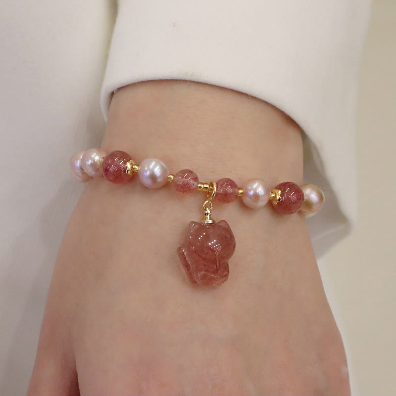 Karma Stone Natural Pearl Strawberry Quartz Cute Fox Love Healing Charm Bracelet