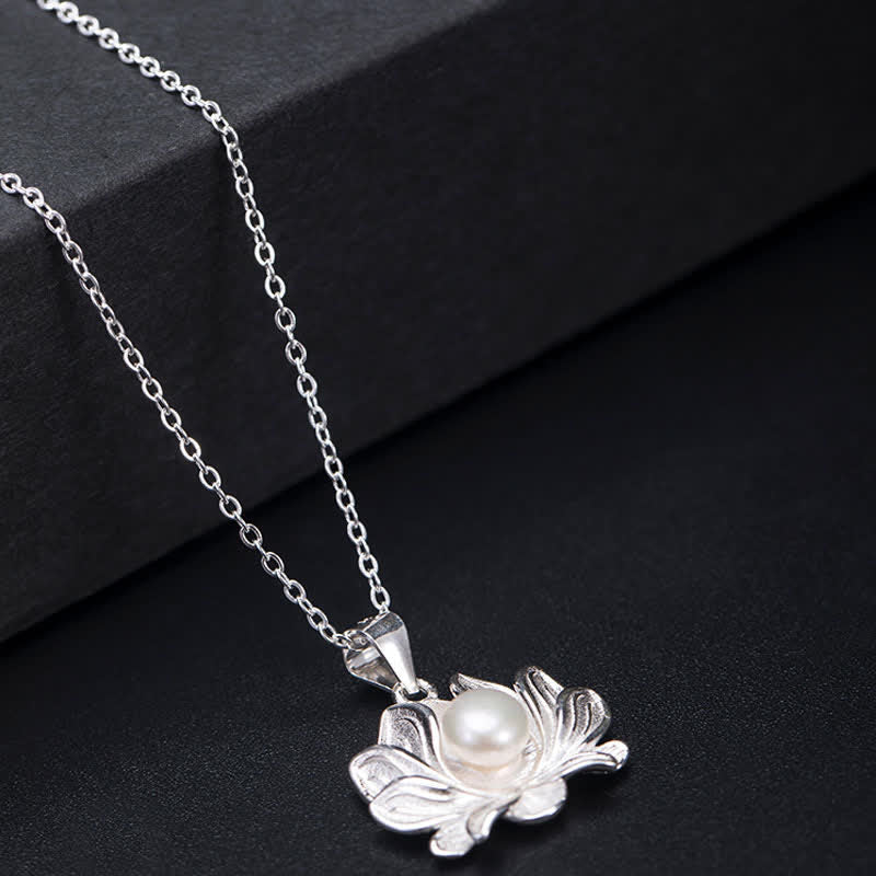 Karma Stone 925 Sterling Silver Lotus Flower Pearl Wealth Necklace Pendant