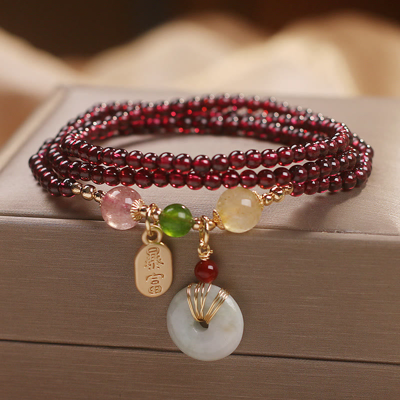 Karma Stone Natural Garnet Strawberry Quartz Crystal Fox Koi Fish Peace Buckle Fortune Protection Triple Wrap Bracelet