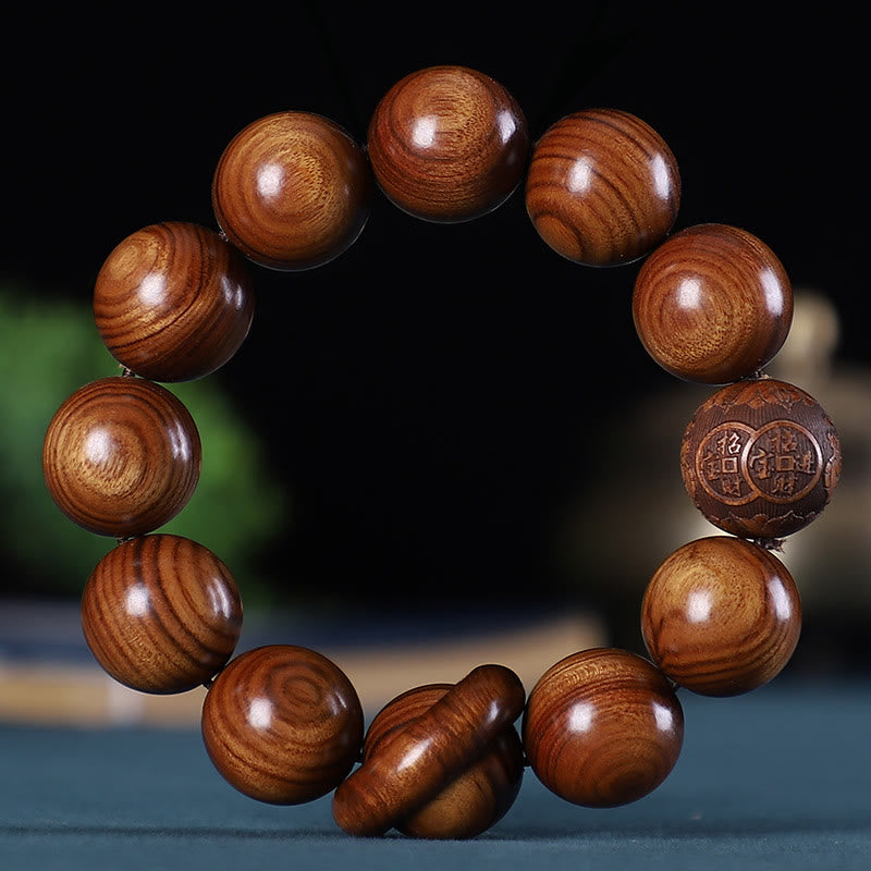 Karma Stone Chinese Zodiac Rosewood Green Sandalwood Ebony Wood Copper Coin Carved Calm Bracelet