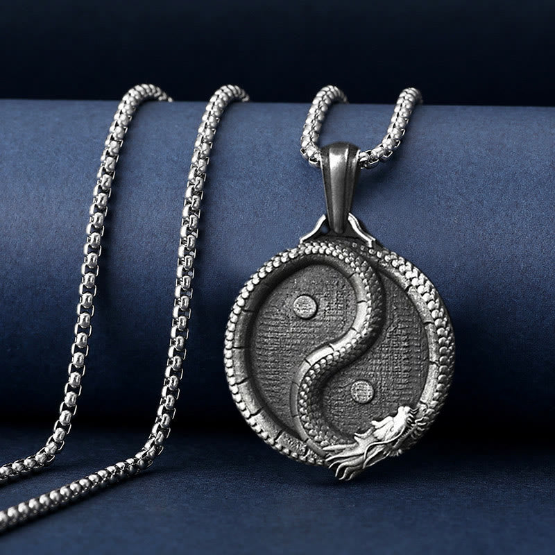 Karma Stone Pure Tin Yin Yang Dragon Luck Strength Necklace Pendant