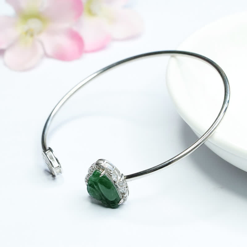 Karma Stone 925 Sterling Silver Laughing Buddha Jade Luck Bracelet Bangle
