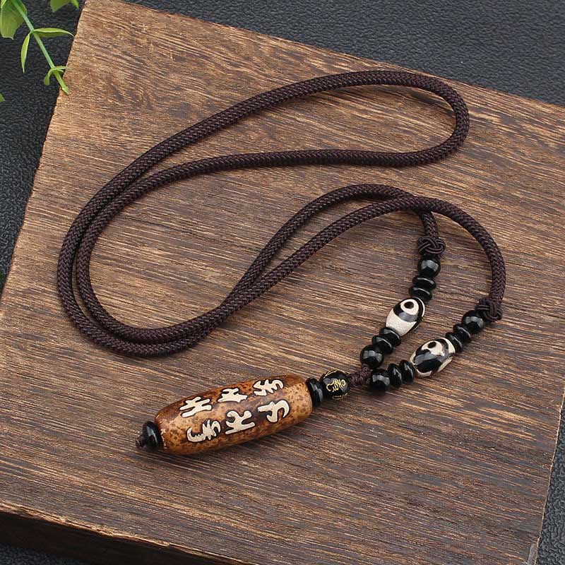 Karma Stone Tibet Om Mani Padme Hum Dzi Bead Avalokitesvara Pattern Wealth Necklace Pendant
