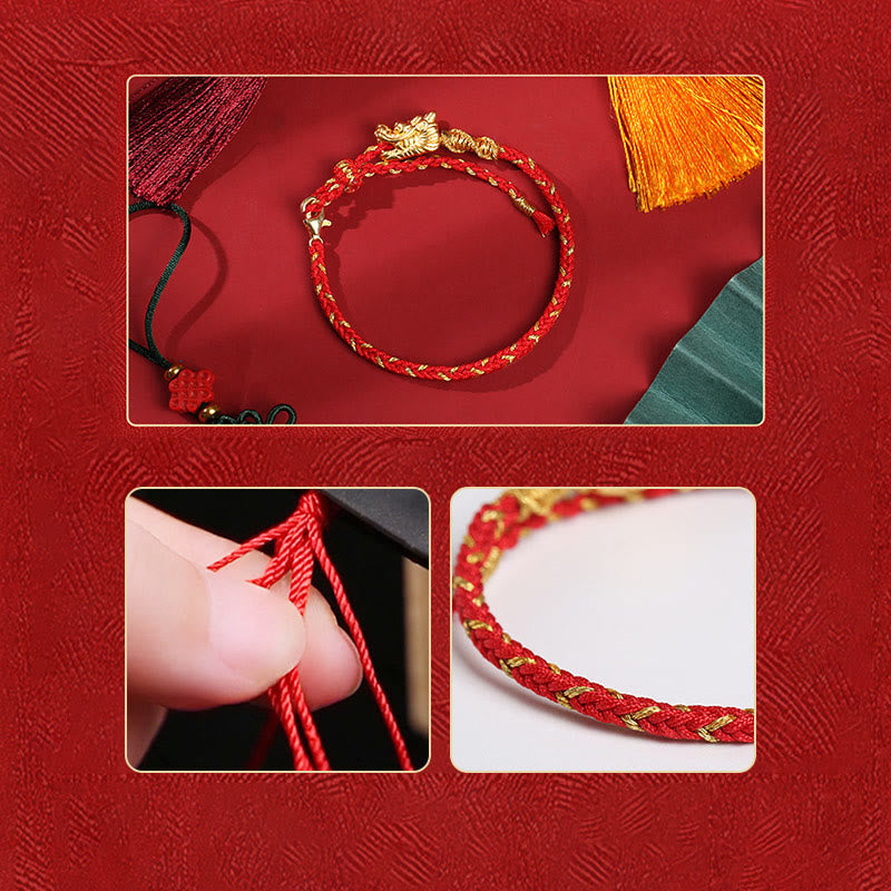 Karma Stone 999 Sterling Silver Handcrafted Dragon Luck Eight Thread Knot Red String Braided Bracelet