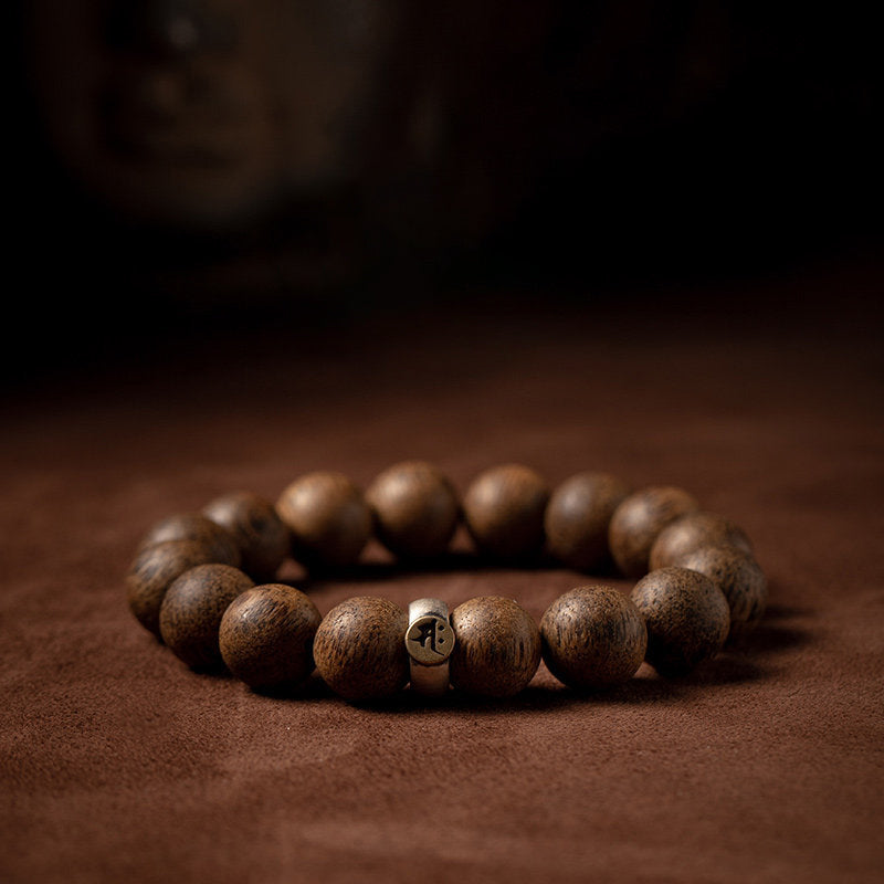 Karma Stone Chinese Zodiac Natal Buddha Natural Agarwood Silver Peace Calm Bracelet