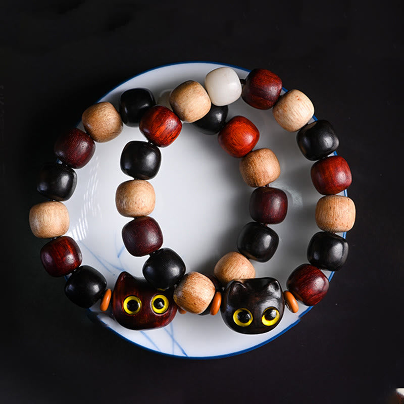 Karma Stone Small Leaf Red Sandalwood Ebony Wood Cute Cat Engraved Protection Bracelet
