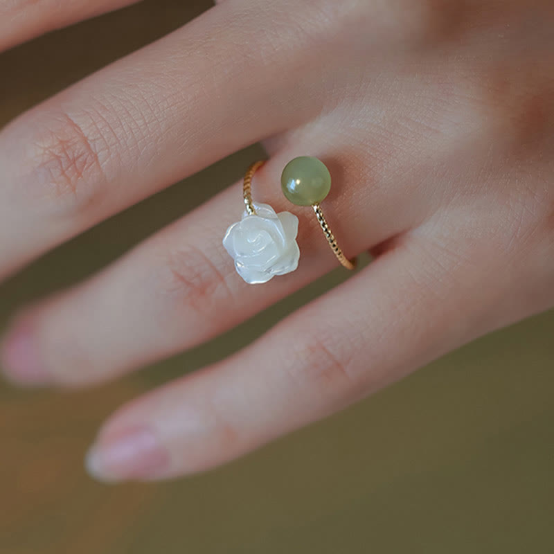 Karma Stone 14K Gold Plated Tridacna Stone Rose Flower Jade Bead Blessing Ring