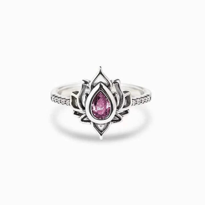 Karma Stone Sterling Silver Lotus Zircon Blessing Protection Ring