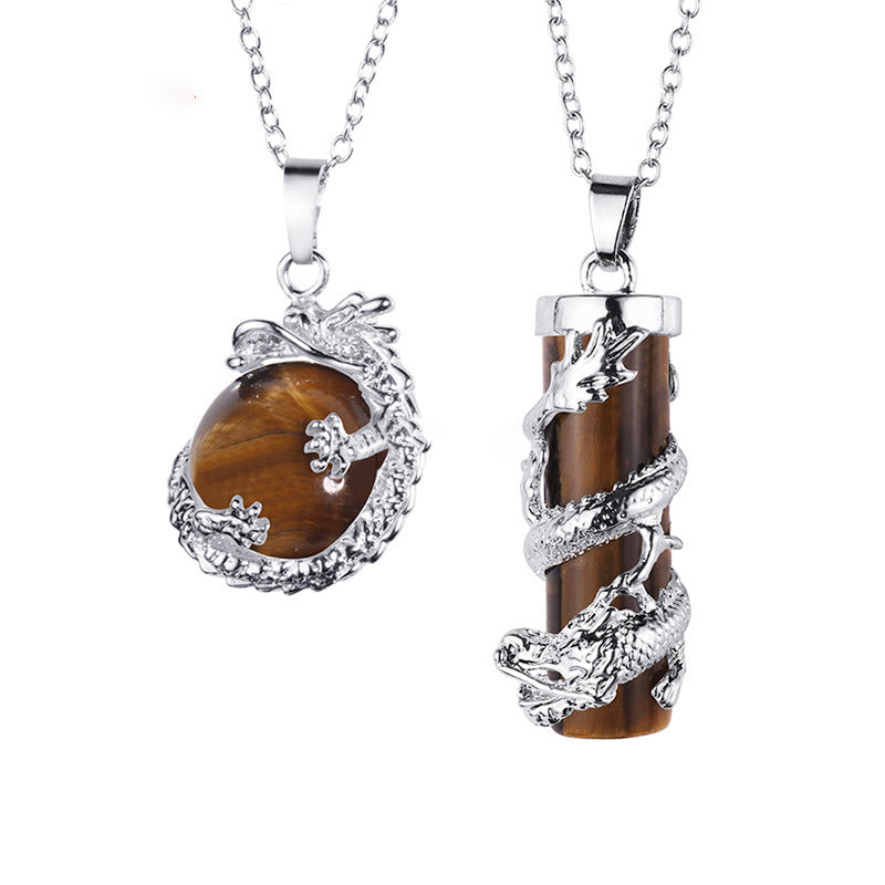 Karma Stone 2pc Dragon Wrapped Round Ball Gemstone Couple Necklace Pendant