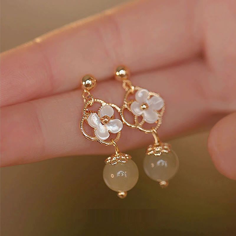 Karma Stone Tridacna Stone Flower Jade Bead Blessing Drop Earrings