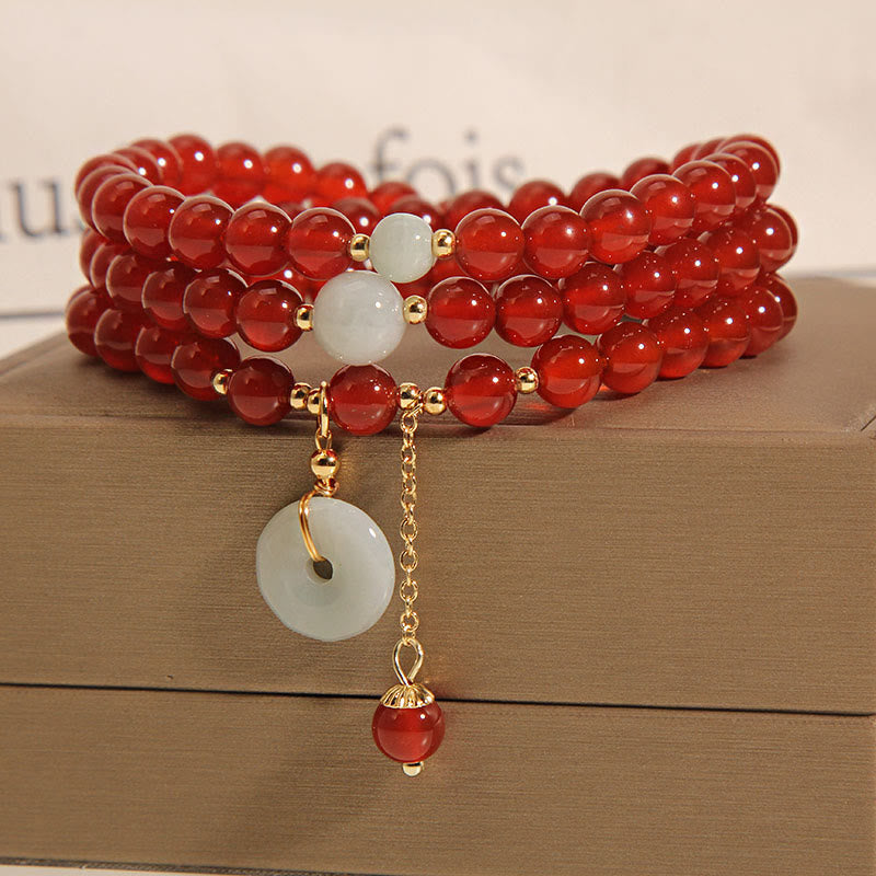 Karma Stone Natural Red Agate Jade Peace Buckle Calm Triple Wrap Bracelet