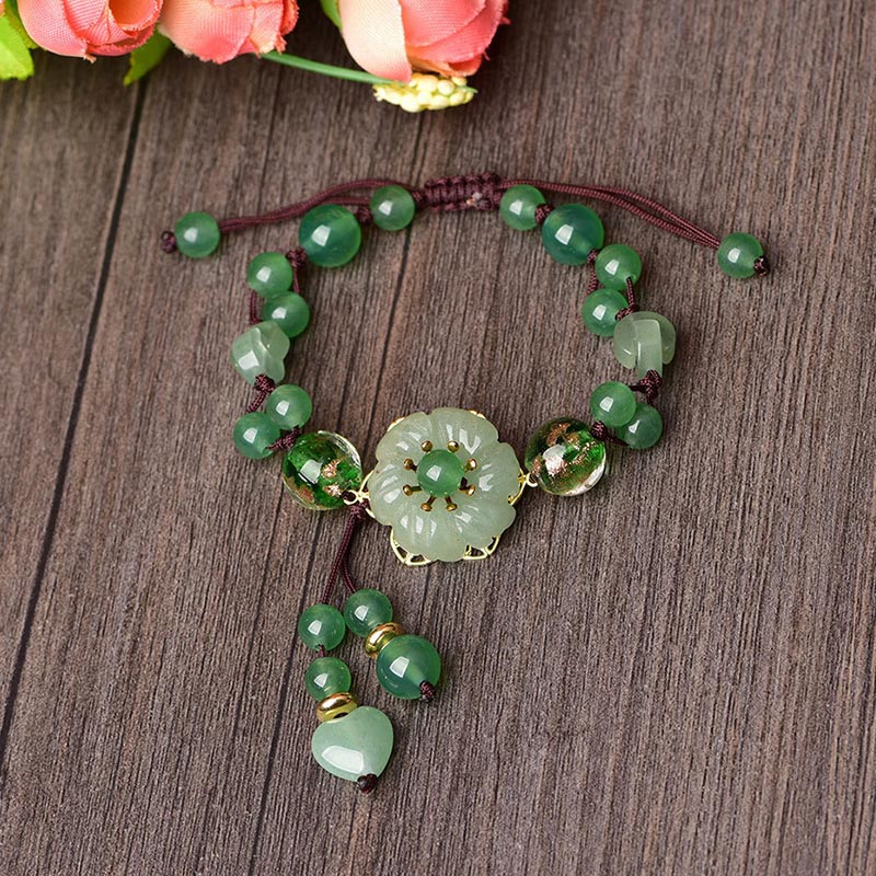 Karma Stone Natural Green Jade Luck Dangling Flower Bracelet