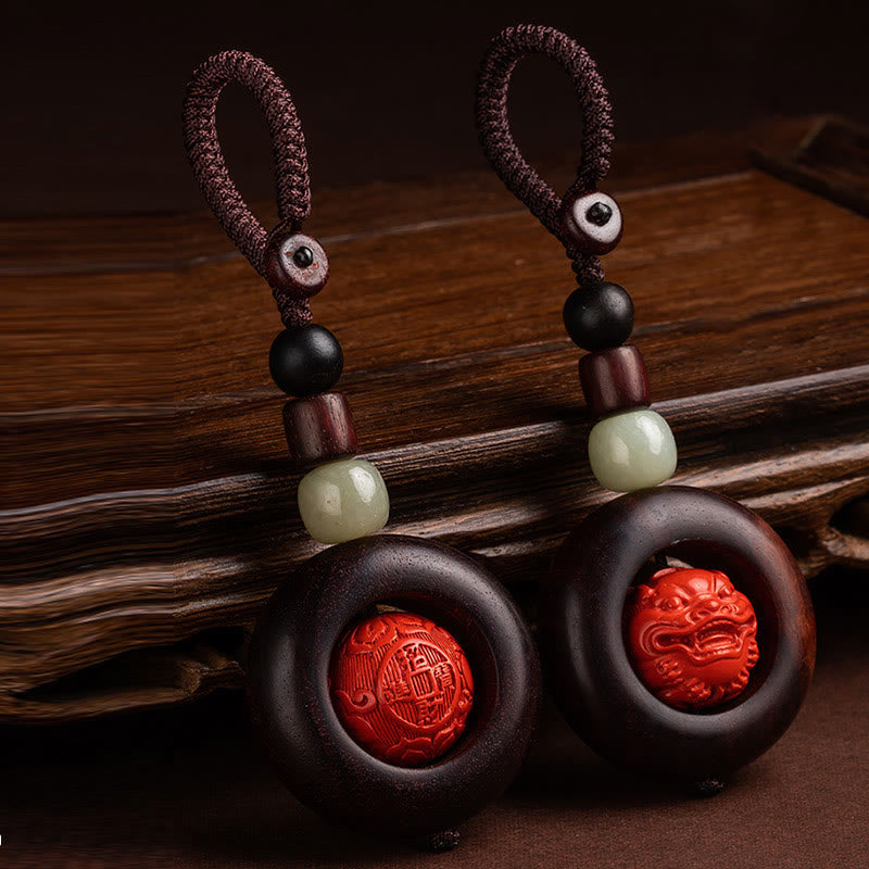 Karma Stone Tibet Om Mani Padme Hum PiXiu Copper Coin Small Leaf Red Sandalwood Cinnabar Protection Key Chain