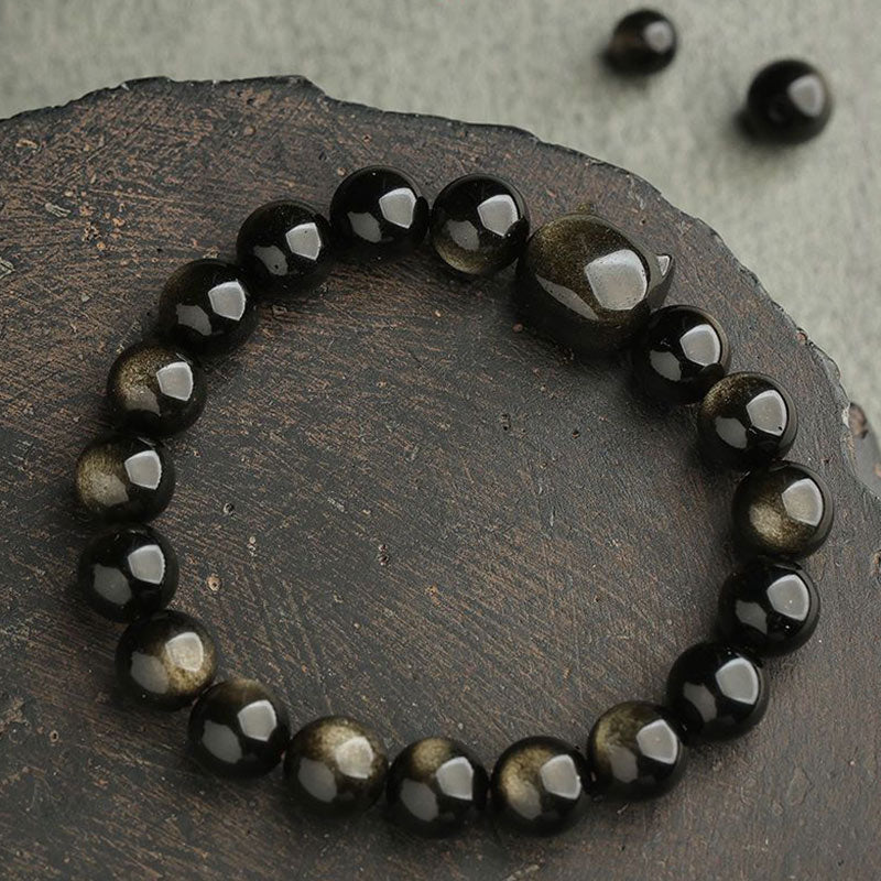 Karma Stone Gold Sheen Obsidian Silver Sheen Obsidian Lovely Paw Lucky Cat Protection Bracelet