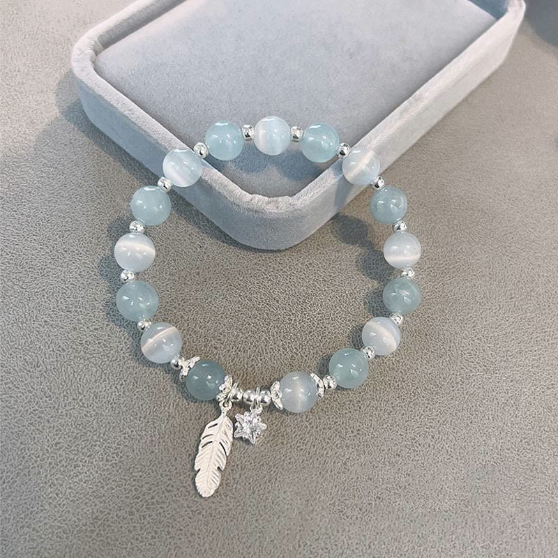 Karma Stone 925 Sterling Silver Aquamarine Cat's Eye Healing Feather Star Charm Bracelet