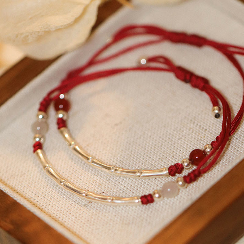 Karma Stone 925 Sterling Silver Bamboo White Agate Red Agate Bead Protection String Braided Bracelet