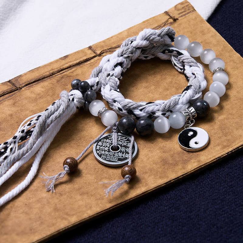 Karma Stone Black Glitter Stone Cat's Eye Yin Yang Mountain Ghosts Spend Money Power Double Layer Rope Bracelet