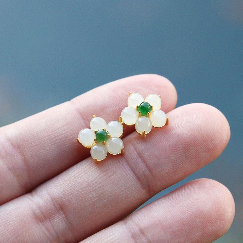 Karma Stone White Jade Flower Luck Blessing Stud Earrings