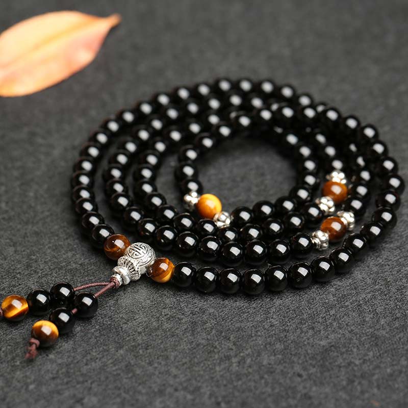 Karma Stone Black Obsidian Tiger Eye Blessing Mala Bracelet
