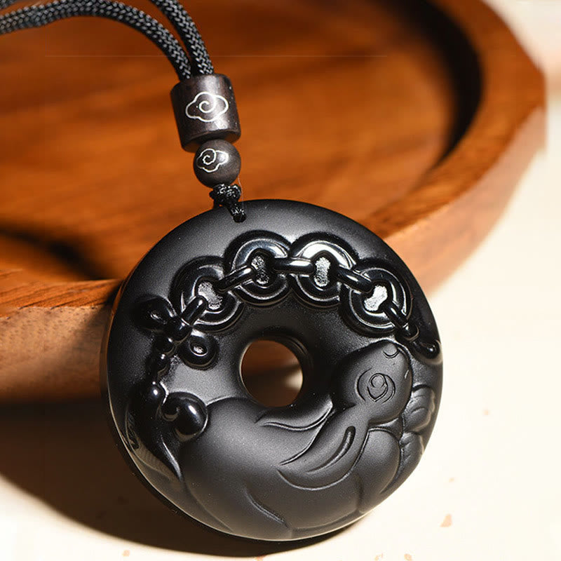 Karma Stone Chinese Zodiac Natural Black Obsidian Peace Buckle Strength Necklace Pendant