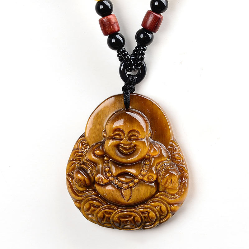 Karma Stone Tiger's Eye Laughing Buddha Blessing Necklace