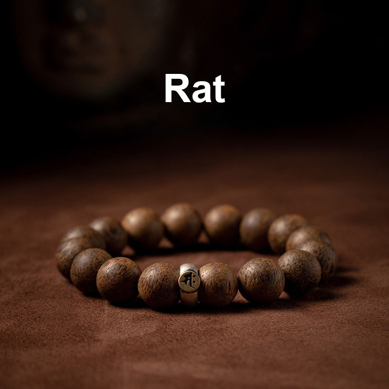 Karma Stone Chinese Zodiac Natal Buddha Natural Agarwood Silver Peace Calm Bracelet