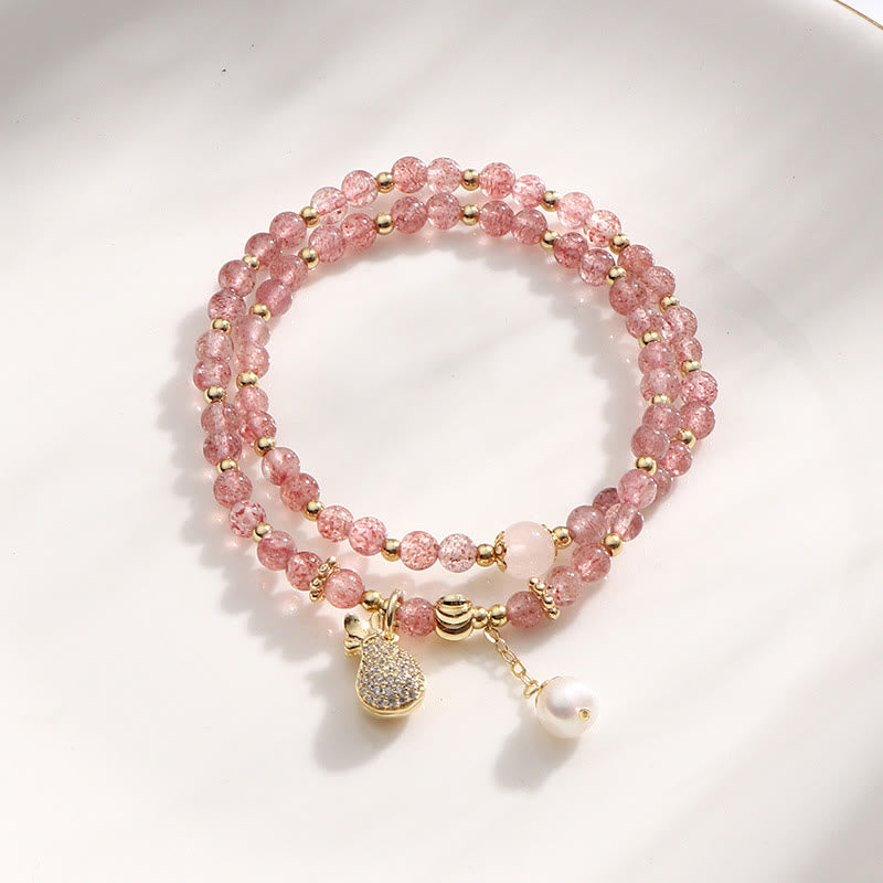 Karma Stone Strawberry Quartz Money Bag Positive Charm Double Wrap Bracelet
